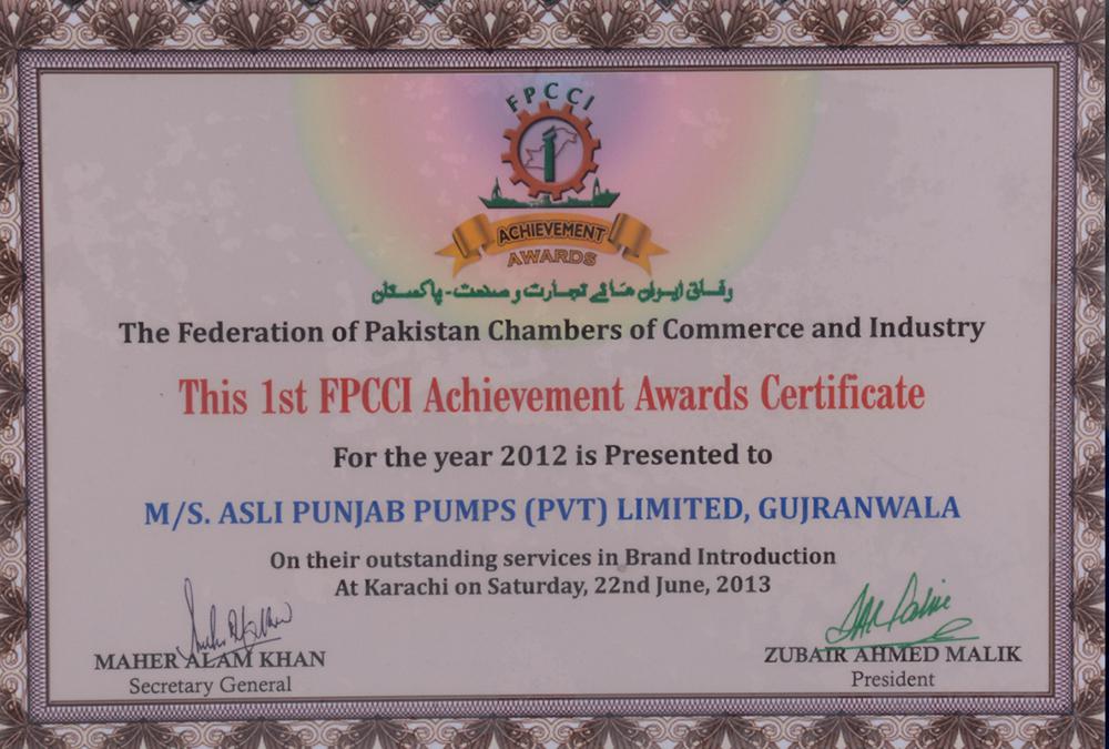 This 1st FPCCI Achievement Awards Certificate 2012